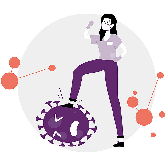 Illustration: Pflegekraft mit Mund-Nasen-Schutz tritt mit einem Bein auf am Boden liegendes Coronavirus