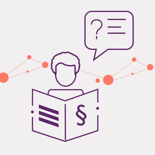 Illustration: Eine Person, die ein Buch mit dem Paragraphen-Symbol liest, über ihr ist eine Sprechblase mit einem Fragezeichen.