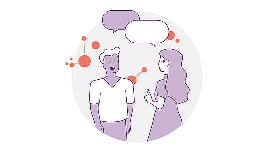 Abbildung von zwei Personen, die sich unterhalten, wobei eine mit der Hand gestikuliert. Sprechblasen über ihnen deuten auf Dialog hin. Der Hintergrund zeigt abstrakte orange Kreise und Linien.