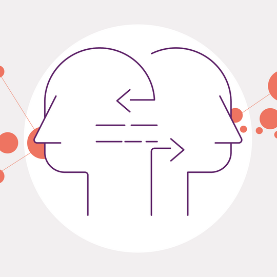 Illustration: Zwei Gesichter, die in verschiedene Richtungen blicken und miteinander durch Pfeile und Linien verbunden sind.