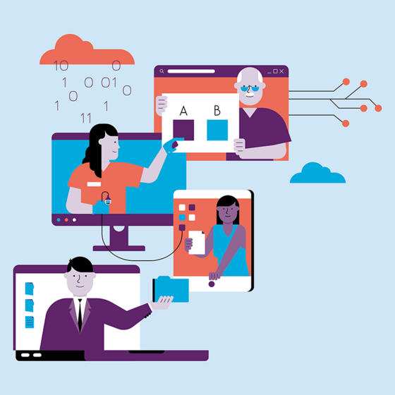 Abbildung von vier Personen, die mit digitalen Geräten und Bildschirmen interagieren, Informationen austauschen und online zusammenarbeiten, wobei Cloud- und Binärcode-Symbole Datenaustausch und Konnektivität suggerieren.