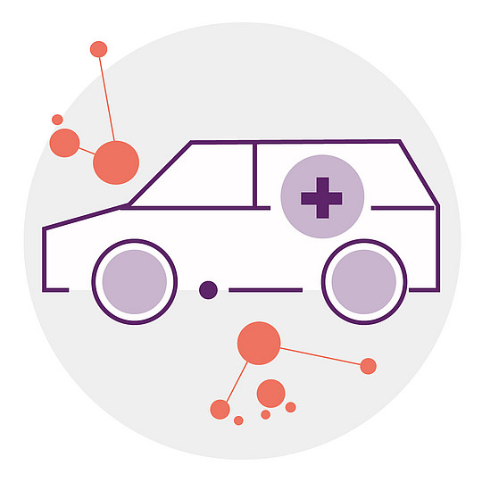 Illustration eines Autos, auf dessen hinterer Tür ein Kreuz in einem Kreis zu sehen ist.