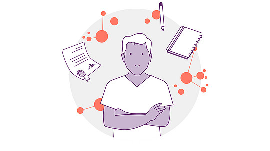 Abbildung einer Person mit verschränkten Armen, umgeben von einem Diplom, einem Stift und einem Notizbuch. Im Hintergrund sind Kreise und Linien zu sehen, die Verbindungen oder Netzwerke symbolisieren. Das Farbschema umfasst Lila, Orange und Grau.