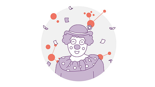 Illustration eines Clowns mit Hut und Rüschenkragen, der lächelt und Konfetti und bunte Formen um sich herum hat. Das Bild ist in einem lila-orangefarbenen Farbschema auf einem grauen, kreisförmigen Hintergrund gehalten.
