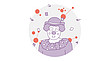 Illustration eines Clowns mit Hut und Rüschenkragen, der lächelt und Konfetti und bunte Formen um sich herum hat. Das Bild ist in einem lila-orangefarbenen Farbschema auf einem grauen, kreisförmigen Hintergrund gehalten.