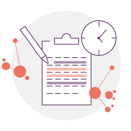 Illustration: Ein Klemmbrett, daneben ein Stift und eine Uhr