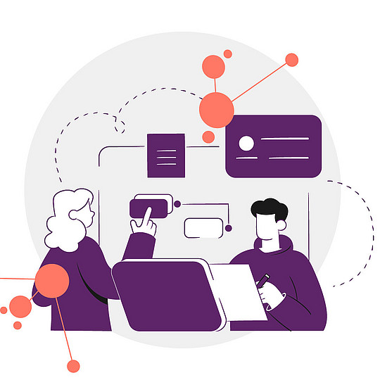 Illustration von zwei Menschen. Einer sitzt vor einem aufgeklappten Laptop, die andere tippt auf einer digitalen Tafel etwas an.