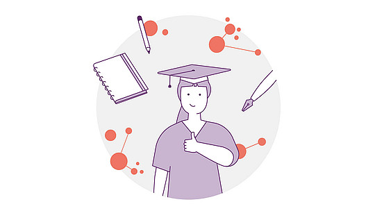 Abbildung einer Person mit Abschlussmütze, die den Daumen hochhält. Sie ist von einem Notizbuch, einem Stift und einem Bleistift umgeben. Im Hintergrund sind orange Kreis- und Linienmuster zu sehen, die Verbundenheit und Lernen symbolisieren.