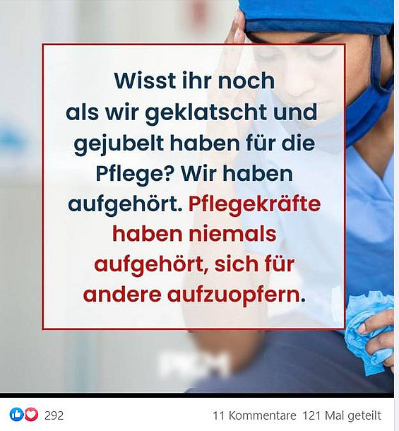Ein im OP-Kittel sitzender Gesundheitshelfer hält sich eine Maske vors Gesicht. Der deutsche Text betont, wie wichtig es ist, die Gesundheitshelfer, die nie aufgehört haben, sich für andere aufzuopfern, weiterhin zu unterstützen.