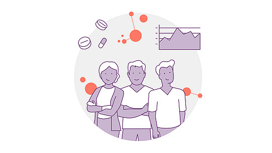 Illustration von drei zusammenstehenden Personen, umgeben von abstrakten orangefarbenen Kreisen. Über ihnen befinden sich ein Diagramm und verschiedene Tabletten-Symbole, was auf ein medizinisches oder wissenschaftliches Thema hindeutet. Das Design hat einen minimalistischen, monochromen Stil.
