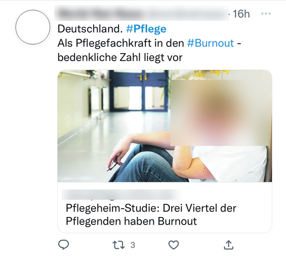 Eine Person sitzt mit verschwommenem Gesicht in einem Flur und denkt über Burnout bei Pflegekräften nach. Der Text verweist auf eine Studie, die zeigt, dass drei Viertel der Pflegekräfte Burnout haben. Hashtags sind unter anderem #Pflege und #Burnout.
