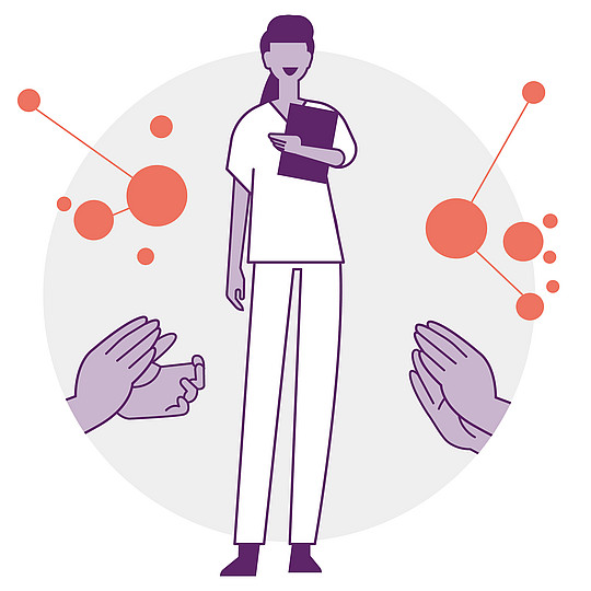 Illustration: In der Mitte eine Person, die weiße Kleidung trägt und ein Klemmbrett hält. Links und rechts Hände, die applaudieren.