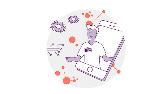Illustration eines Mannes, der aus einem Smartphone-Bildschirm auftaucht, umgeben von Schaltsymbolen und orangefarbenen Punkten. Er trägt ein T-Shirt mit der Aufschrift „DiCo“. Der Hintergrund zeigt einen grauen Kreis mit elektronischen Motiven.