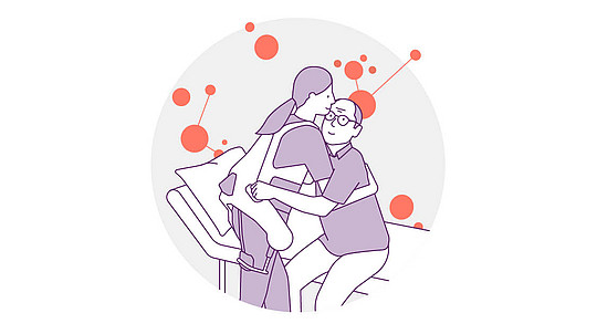 Illustration einer Pflegerin, die einem Patienten vom Bett aufstehen hilft. Sie sind umgeben von abstrakten orangefarbenen Kreisen. Die Figuren sind violett umrandet und vermitteln eine warme und hilfsbereite Stimmung.