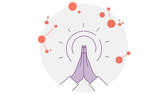 Illustration von zwei Händen in einer Gebetsgeste, umgeben von abstrakten orangefarbenen Kreisen und Linien, vor einem hellgrauen, kreisförmigen Hintergrund mit einem sonnenähnlichen Design.