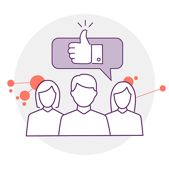 Illustration: Drei Personen stehen nebeneinander. Eine ist mit einer Sprechblase versehen, in der ein Daumen hoch zu sehen ist.