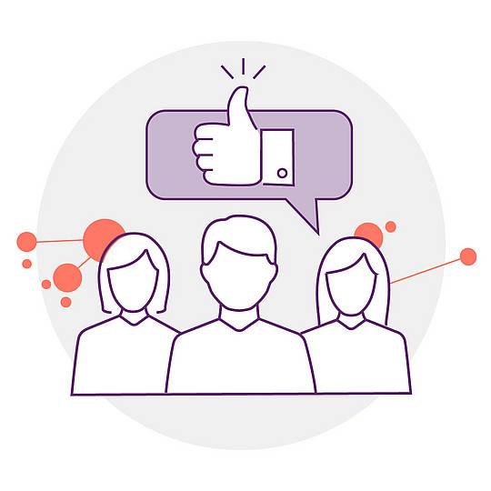 Illustration: Drei Personen stehen nebeneinander. Eine ist mit einer Sprechblase versehen, in der ein Daumen hoch zu sehen ist.