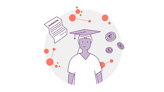 Illustration einer Person mit Doktorhut, umgeben von einer Bewerbung, Münzen mit Eurosymbolen und abstrakten orangefarbenen Kreisen.