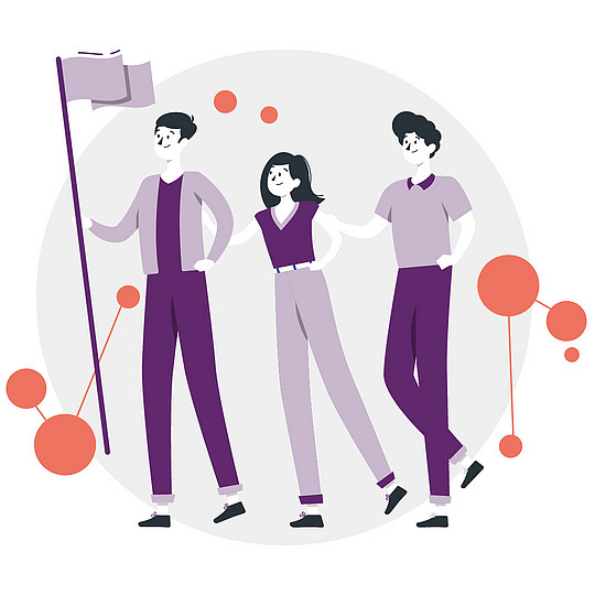 Illustration: Ein Mann hält eine Fahne hoch, im folgen eine Frau und ein Mann, alle Personen fassen der jeweils vorderen Person an die Schulter.