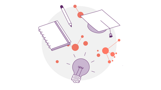 Abbildung eines Notizbuchs, eines Bleistifts, einer Doktormütze und einer Glühbirne, die vor einem grauen Kreishintergrund mit orangefarbenen Knoten und Linien schweben und Bildung symbolisieren.