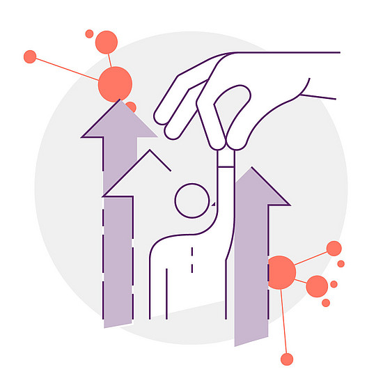 Illustration: Eine Person wird von einer großen Hand nach oben gezogen. Daneben Pfeile, die nach oben zeigen