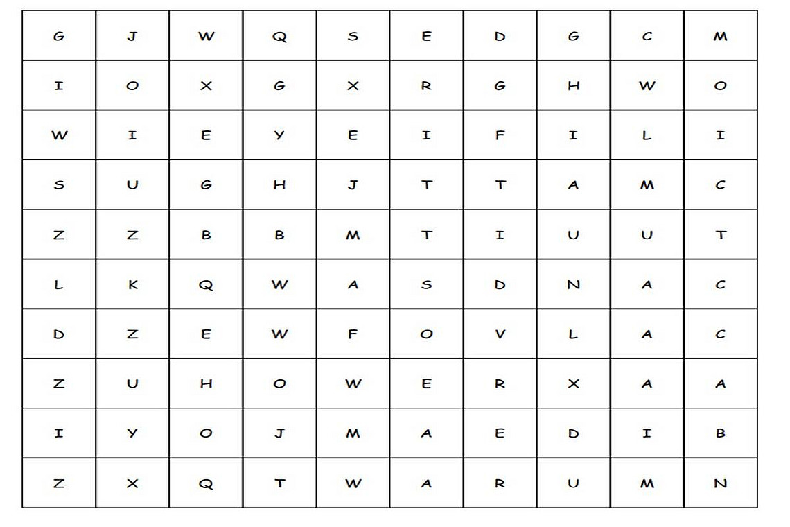 Ein Raster aus Buchstaben, angeordnet in einem 11x11-Wortsuchrätsel. Zu den Buchstaben zählen G, J, W, Q, S, E, D, G, C, M, I, O, R, H, Y, F, L, I, U, X, B, T, U, K, A, N, L, Q, D, Z, V, F, O, W, J, X, U, M, E, A, D, B, Z, T, W, R, U, M.