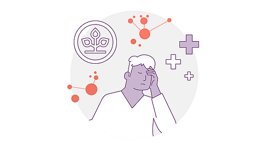 Abbildung einer Person, die ihren Kopf hält, umgeben von abstrakten Gesundheitssymbolen, darunter ein Pflanzensymbol, Molekülstrukturen und Pluszeichen. Die Szene suggeriert Gesundheits-, Wellness- oder medizinische Themen.