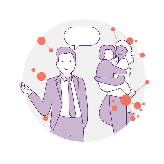 Illustration eines Mannes im Anzug mit einer leeren Sprechblase, der neben einem sich umarmenden Mutter mit Kind gestikuliert. Verschiedene orangefarbene Kreise und abstrakte Linien umgeben sie vor einem hellgrauen Hintergrund.