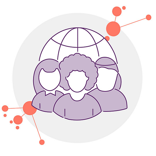 Illustration: Drei Personen stehen vor einer Weltkugel