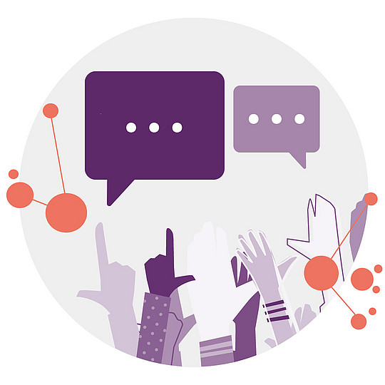 Illustrative Darstellung von Händen und Sprechblasen