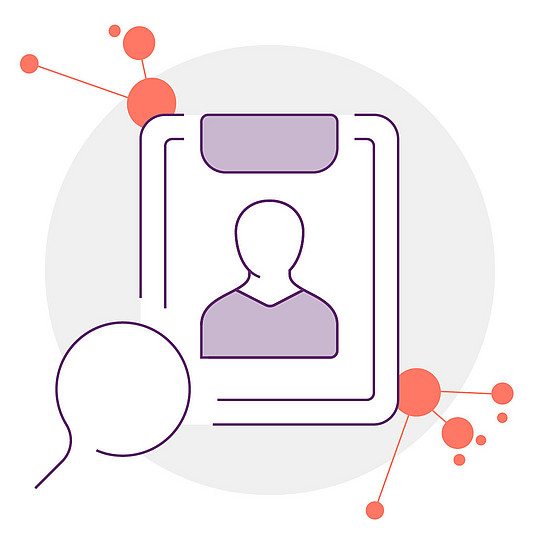 Illustration: Eine Lupe ist auf ein Dokument gerichtet, auf dem ein Porträtfoto zu sehen ist.