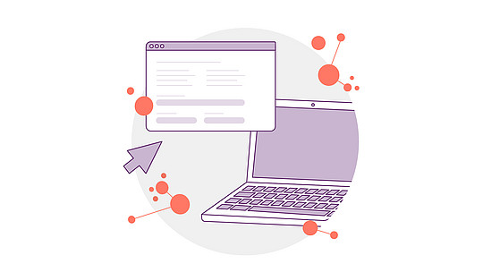Abbildung eines Laptops mit einem schwebenden Webbrowserfenster und einem Pfeilcursor. Die Szene wird durch orangefarbene geometrische Formen und Punkte vor einem hellgrauen kreisförmigen Hintergrund hervorgehoben.
