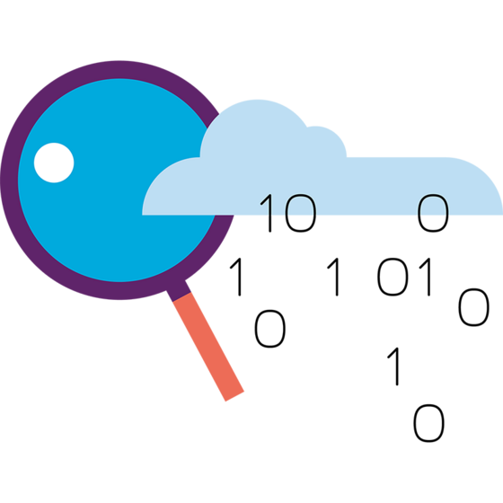 Stilisierte Grafik einer Lupe teilweise bedeckt von einer hellblauen Wolke. Aus dieser fallen die Zahlen „1“ und „0“.