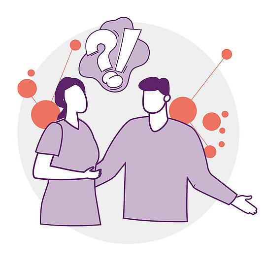 Illustration: Zwei Personen sind im Gespräch, durch eine Sprechblase mit Ausrufe- und Fragezeichen und ihre Körperhaltung wird ein Streit angedeutet.