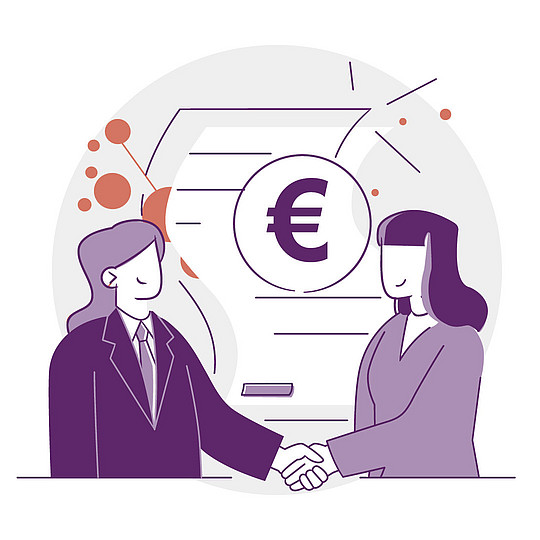 Illustration: Zwei Personen mit langen Haaren, die sich die Hand schütteln. In der Mitte: Ein Eurosymbol und ein Papierdokument