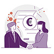 Illustration: Zwei Personen mit langen Haaren, die sich die Hand schütteln. In der Mitte: Ein Eurosymbol und ein Papierdokument
