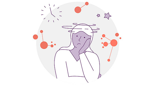 Abbildung einer Person mit verwirrtem Gesichtsausdruck, die ihren Kopf auf eine Hand stützt. Sie ist von violetten und orangefarbenen Kreisen und Sternen sowie einer Uhr umgeben, was auf Verwirrung oder tiefes Nachdenken hindeutet.