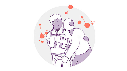 Illustration eines Rettungssanitäters in Uniform, der einem älteren Mann mit einem Gehstock hilft. Sie umarmen sich und symbolisieren so Fürsorge und Unterstützung, mit abstrakten orangefarbenen Kreisen und Linien im Hintergrund.