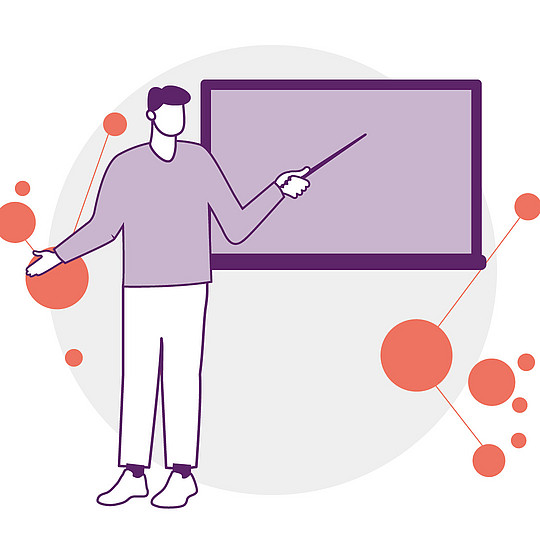 Illustration, auf dem eine Person vor einer Tafel steht und etwas erklärt.