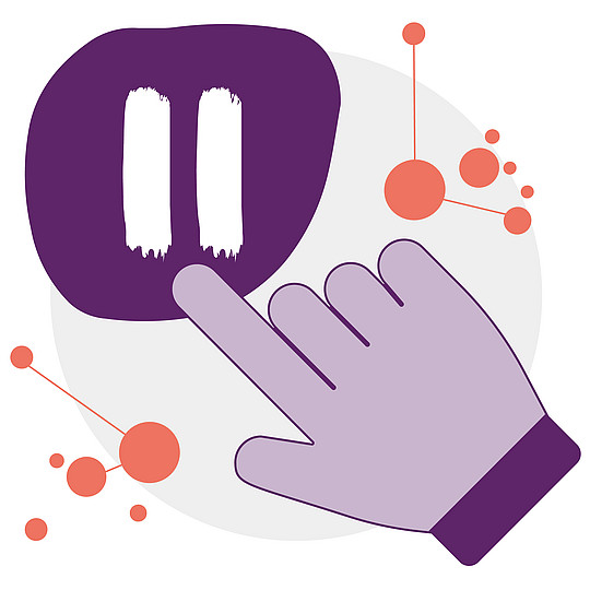 Illustration: Eine Hand zeigt mit dem Zeigefinger auf eine Pausentaste
