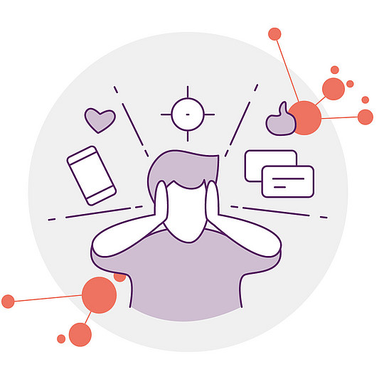 Illustration: Ein Mensch hält sich die Ohren zu, neben ihm schweben ein Smartphone, Sprechblasen und ein Herz