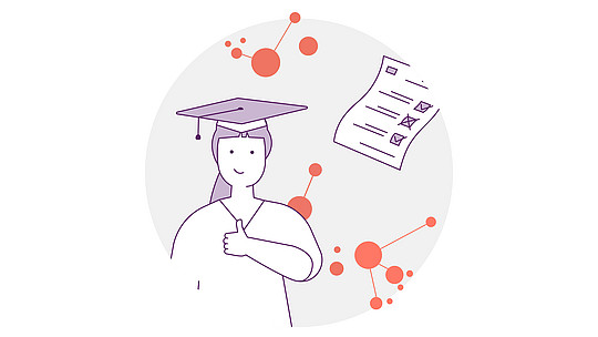 Abbildung eines Absolventen mit Mütze, der den Daumen hochhält. Er steht neben einer Checkliste mit Molekülstrukturen im Hintergrund.