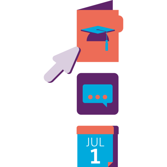 Eine Illustration mit einer Abschlusskappe, einer Sprechblase und dem Datum „8. April“, angezeigt in blauen und orangefarbenen Blöcken auf violettem Hintergrund.