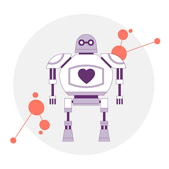 Illustration: Ein Roboter, auf dessen Korpus ein Herz prangt.