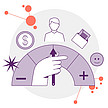 Illustration: Ein Tachometer mit negativem Pol links und positiven Pol rechts. Eine Hand hält den Zeige in der Mitte. Auf der Skala des Tachometers sind von links nach rechts zu sehen: Ein Stern, eine Geldmünze, eine Mensch, ein Dokument, ein Smiley-Gesicht.
