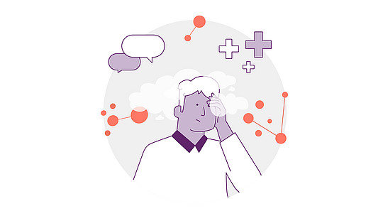 Abbildung einer Person mit nachdenklichem Gesichtsausdruck, die Hand auf dem Gesicht. Um sie herum sind Sprechblasen, Pluszeichen und Verbindungslinien und -kreise, die Problemlösung oder Kontemplation suggerieren. Die Farben sind in Lila- und Orangetönen gehalten.