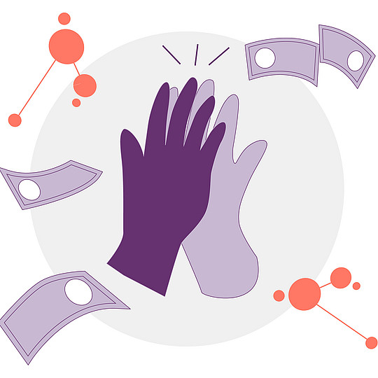 Illustration: Zwei Hände geben sich ein high five, daneben fliegen Geldscheine.