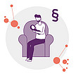 Illustration: Eine Person mit Bart sitzt auf einem Sessel und hält ein Baby im Arm. Oben rechts schwebt ein Paragraphen-Zeichen.