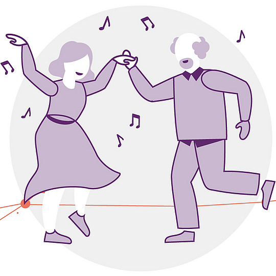 Illustration: Eine ältere Frau und ein älterer Mann tanzen miteinander