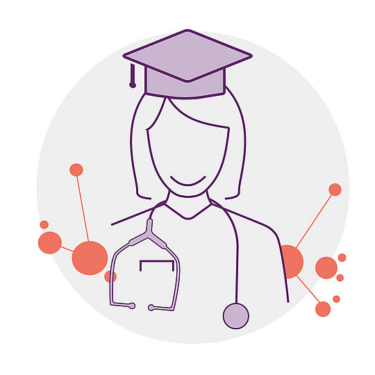 Illustration: Eine Person mit Stethoskop um den Hals trägt einen Doktorhut.